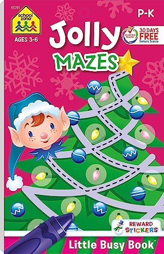 School Zone Jolly Mazes Workbook: 48 Pages, Preschool, Kindergarten, Holiday, Christmas, Maze Puzzles, Problem-Solving, Stickers, Ages 3 to 6 (Jolly Little Busy Book Series)