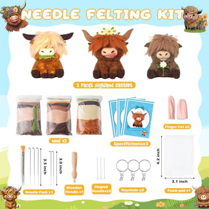 WATINC Needle Felting Kit - 3 Set Unique Different Cute Doll Wool Felt Needle Tools Foam Pad Instruction, DIY Home Decoration Craft Party Supplies for Art Work Starter Beginners (Highland Cow) - style: Highland Cow
