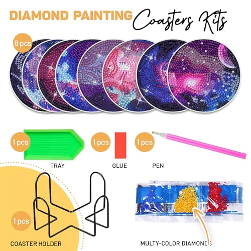 8 pcs Diamond Painting Coasters | Diamond Art Coasters | Galaxy and Nebula Diamond Art Painting | Perfect Art Craft Gift for Galaxy Lover, Dad, Mom, Grandparents, Brother, Sister. - color: Galaxy