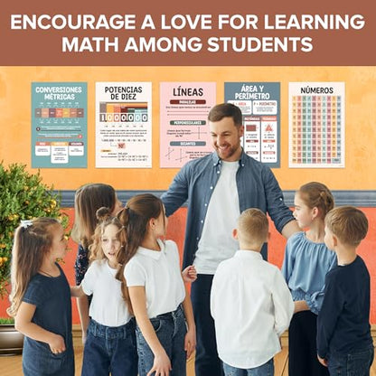 Decorably 20 Boho Spanish Math Posters for Classroom, 11x17in Educational, Matte-Laminated Classroom Decor - for Hallways, Bulletin Boards, Home Study Room