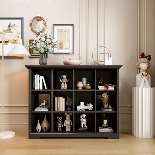 OSCHF 12-Cube Open Bookcase with Base, 3-Tier Wooden Bookshelf, Black - color: Black, size: 12-Cube