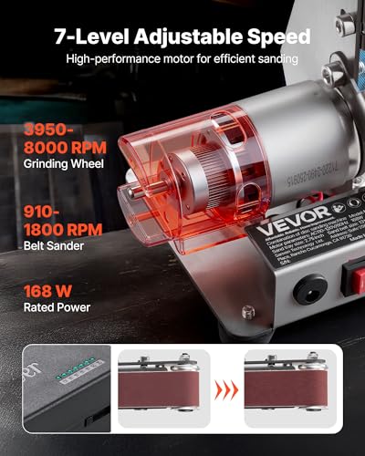 VEVOR 3-in-1 Mini Belt Sander, 13" x 1.2" Sanding Belt, 2.75" Grinding & Polishing Wheel Combo, 7-Speed Adjustable with Forward/Reverse Control for Woodworking, Jewelry Making, Knife Sharpening - size: 2.75" Grinder & 1.2" x 13" Belt Sander Combo