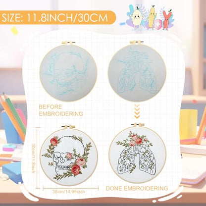 5 Sets Skull Embroidery Kits for Beginners Adults, Anatomy Embroidery Starter Kit for Doctors Nurses Christmas Gifts with Floral Stamped Pattern DIY Needlepoint Kit Cross Stitch Set Includes 2 Hoops - size: organ