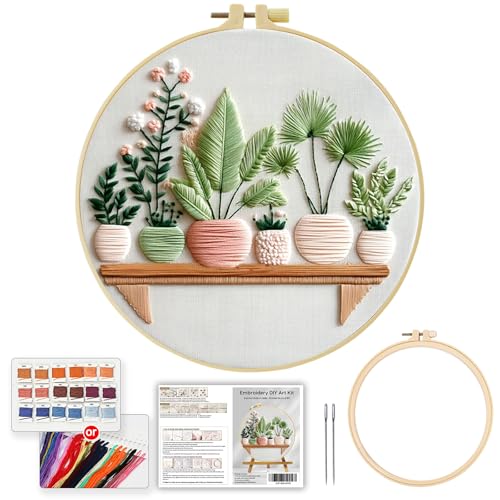 Full Range Embroidery Kit for Adult, Green Plant Pattern Embroidery Kit for Beginners Include Embroidery Cloth Hoops Threads for Craft Lover Hand Stitch with Embroidery Skill Techniques (Plant1) - color: Plant1