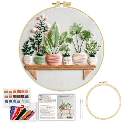 Full Range Embroidery Kit for Adult, Green Plant Pattern Embroidery Kit for Beginners Include Embroidery Cloth Hoops Threads for Craft Lover Hand Stitch with Embroidery Skill Techniques (Plant1) - color: Plant1