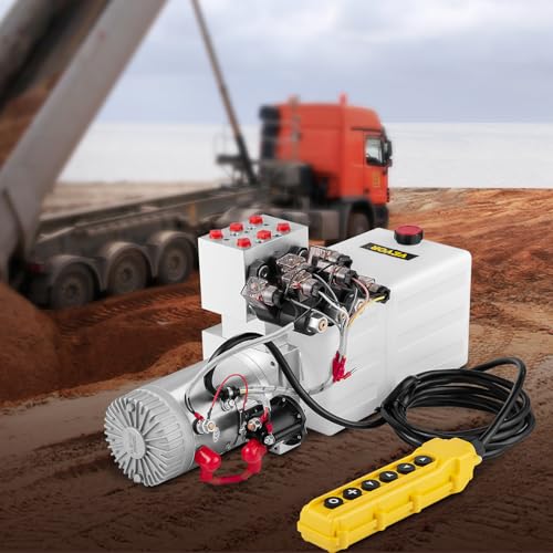 VEVOR Hydraulic Power Unit 6 Quart 6 Way Hydraulic Pump Double Acting Hydraulic Power Unit 12V DC Dump Trailer Car Remote with Plastic Oil Reservoir (Plastic, Double Acting)