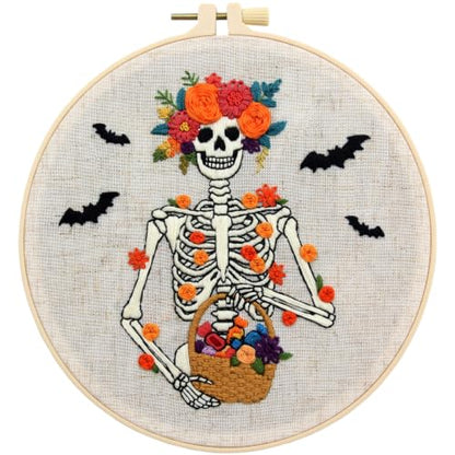 Halloween Embroidery Kits for Beginners Adults, Gothic Skeleton Embroidery Starter Kits, Halloween Cross Stitch Kits Needlepoint Kits for Adults Woman Gifts, Embroidery Hoop, Thread, Video Tutorial - color: H2101