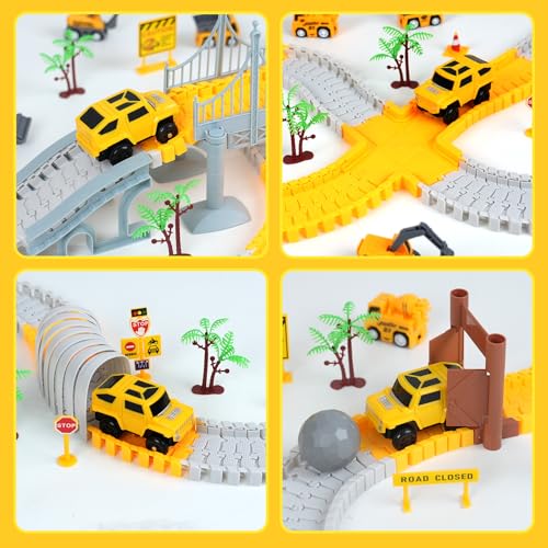 BEMITON Construction Race Track Toys for Kids - Birthday Gift for 3 4 5 6 7 Year Old Boys, 330+ PCS Track Playset with Electric Cars and Construction Trucks, DIY Engineering Road Building Sets - color: Yellow Construction Race Track
