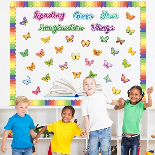 Reading Bulletin Board Decorations Set Classroom Spring Butterfly Bulletin Board Borders Cutouts Decor Reading Gives Your Imagination Wings School Bulletins Boards Craft Home Wall(Read) - style: Butterfly Reading