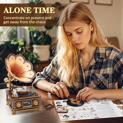 3D Wooden Puzzle Music Box for Adults-Cats Phonograph Music Box - color: Cats Phonograph Puzzle
