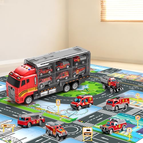 NIPLOOOW Kids Boys Toys for 3-5 Years Old, Fire Truck Vehicle Set with Play Mat and Die-Cast Toy Car, Transport Carrier Truck for Kids 3-5, Birthday Gifts Toys for 3-8+ Year Old Boys - style: Fire truck