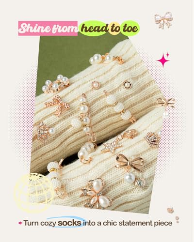 DoDoBeads 60 Pcs Junk Socks Charms Kit, Gold Brooches and Pins for Women, Pearl and Rhinestone Sock Charms with Safety Pins, DIY Accessories for Decorating and Personalizing Socks - style: Golden Hour