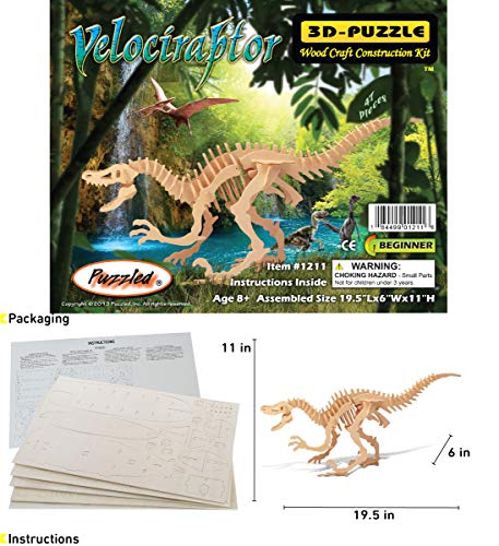 Puzzled 3D Puzzle Velociraptor Dinosaur Wood Craft Construction Kit Fun Unique & Educational DIY Wooden Dino Toy Assemble Model Unfinished Craft Hobby Puzzle to Build & Paint for Decoration 42pc Pack