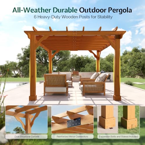 Jocisland 10x12 FT Premium Cedar Wood Pergola with Trellis Roof & Stakes - size: 10x12 FT