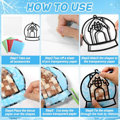 Qyeahkj 36 Set Winter Christmas Suncatchers Craft Kit for DIY Santa Snowman Reindeer Globe Tissue Paper Craft Kit Hanging Decor for Xmas Home Activity Art Project Birthday Party Favor Gift - style: Christmas Snow Globe