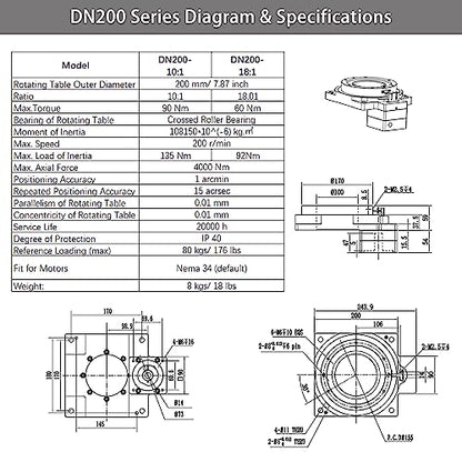 Hollow Rotary Actuator High Accuracy Hollow Rotating Platform Rotary Positioners, Fitting Nema 34 Stepper Motor, Substitutable for Direct Drive Motor and Cam Indexer - size: DN 200, style: Ratio 10:1