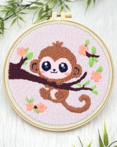 ERKOON Punch Needle Kit for Beginners Adults, DIY Easy Animals Embroidery Set for Starter Art Craft, Needling Punch Project with Patterns, Tools, Yarns, Hoop, Instruction (Monkey) - color: Monkey