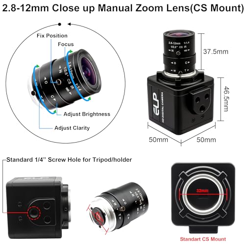 16MP HD USB Camera, 2.8-12mm 4X Optical Manual Zoom CS Mount Lens, High Resolution for Lightburn, OpenCV, Live Streaming & USB Microscope, Plug & Play for Windows, Linux, Jetson Nano