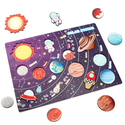Wooden Solar System Puzzle for Kids, Toddler Montessori Planets Puzzle Toys