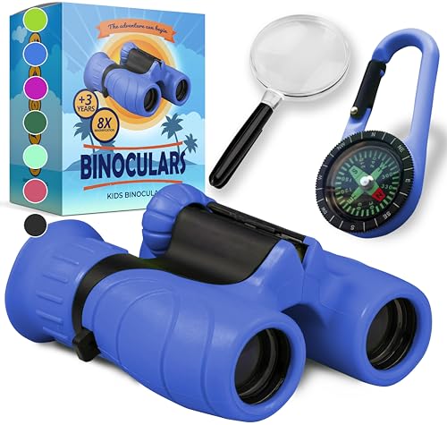 Binoculars for Kids – Perfect Toy for Little Boys and Girls – Extensive Set Incl. Magnifying Glass & Compass – Powerful Magnification 8X21 – 3 to 12 Year Old Kids for Toddler - color: Blue