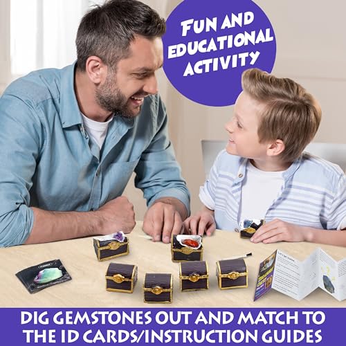 DANCING BEAR Treasure Chest Dig Kit Party Pack for 12 Kids, Excavate 12 Surprise Real Gems & Crystals, STEM Education, Fun Pirate Booty Hunt, Science Activity Gift Sets for Girls and Boys