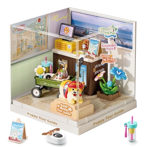 Puppy Tour Guide Miniature House Kit, Durable Plastic DIY Dollhouse with Dog Figure & Travel Scene, Stackable Transparent Dust Cover, Creative Desktop Decor for Adults Teens - color: Puppy Tour Guide, size: Small