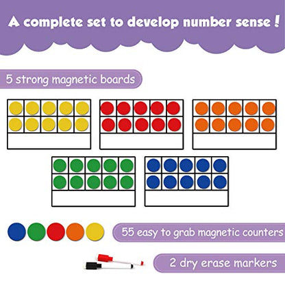 Torlam Magnetic Ten-Frame Set - Math Manipulative for Elementary - 5 Ten Frames & 55 Magnetic Counters for Kids, Kindergarten Math Games (Upgraded Version for Hand-held & 2 Black Pens)