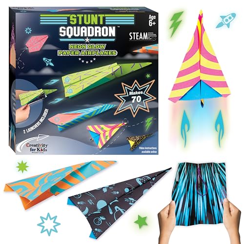 Creativity for Kids Paper Airplane Kit - Stunt Squadron Neon Glow, Makes 70 Paper Airplanes and 2 Plane Launchers, STEM Birthday or Summer Activities for Kids (Ages 6+)