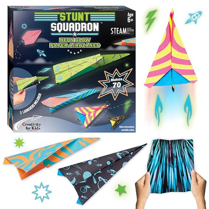 Creativity for Kids Paper Airplane Kit - Stunt Squadron Neon Glow, Makes 70 Paper Airplanes and 2 Plane Launchers, STEM Birthday or Summer Activities for Kids (Ages 6+)