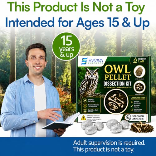 ES EVVIVA SCIENCES Owl Pellet Kit - Dissect 15 Mostly Small Real Owl Pellets w/Tools & PDF Bone Charts - Science Education Kit for Ages 15+ - Hands-On Animal Biology Science Lab Activity