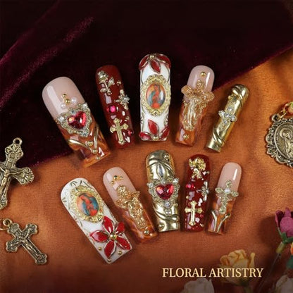 Handmade Gothic Press on Nails, Gold Cross Charm Long Square Nails, Luxury 3D Sacred Heart Angel Design False Nails, Reusable Full Cover 10pcs Set – Appife - color: Gilded Baroque, size: S
