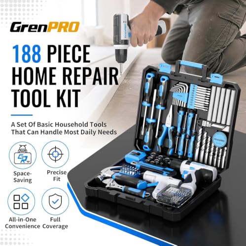 GRENPRO 188PC Blue Cordless Drill Tool Set for Wo&Men Tool Kit for Home Box - style: Blue Power Drill Set 188PC