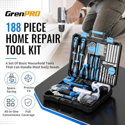 GRENPRO 188PC Blue Cordless Drill Tool Set for Wo&Men Tool Kit for Home Box - style: Blue Power Drill Set 188PC