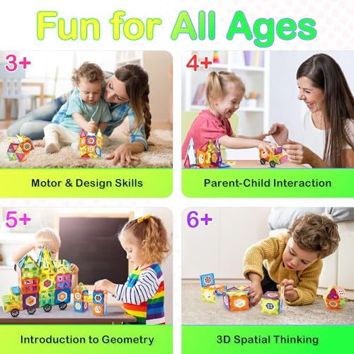 Contixo ST4 Magnetic Tiles - 112 PCs 3D Building Blocks STEM Construction Creativity, Imagination, Recreational, Educational Building Toys for Kids Children Toddler Ages 4-8, Boys and Girls Age 3-5 - style: STEM-112pcs