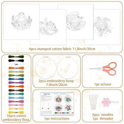 BEUNITONE 4 Sets Sea Turtle Embroidery Kits for Beginners DIY Craft Kits for Adults with Printed Patterns, Hoops and Instructions, Hibiscus Flower Needlepoint Kits for Clothing and Home Decor - style: A-Sea Turtle