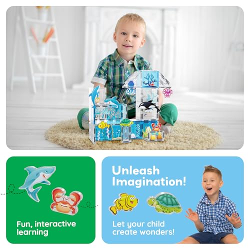 PicassoTiles 52 PCS Magnetic Tiles Ocean Animal STEM Set 8 Figures Ages 3+ - color: Marine Animal Set With 8 Action Figures