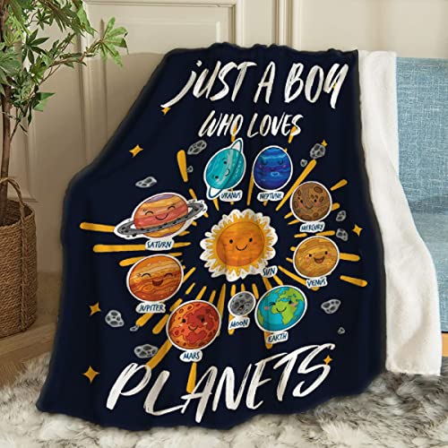 Just A Boy Who Loves Planets & Solar System Throw Blanket Fannel Fleece Super Soft Funny Blanket Travel Throw Blanket for Bed Couch Sofa 120 x 90 Inch for Family - color: Just a Boy Who Loves Planets & Solar System, size: 120x90 In for Family
