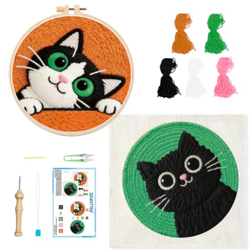 BEUNITONE 2Pcs Cute Cat Punch Needle Kit for Beginners, with Hoop-20x20cm - color: 03-Peeking Cat