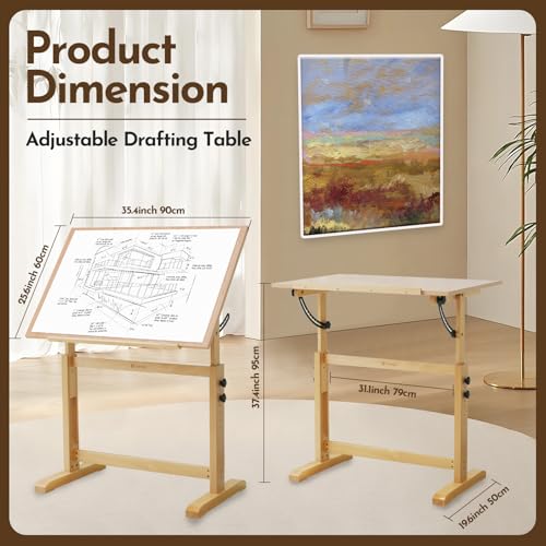 conda Wood Drafting Table - Adjustable Height, 35.5"x23.5" Plan Table for Construction with Tiltable Surface, Rustic Architect Table & Blue Print Tables for Drawing, Writing, Graphic Design