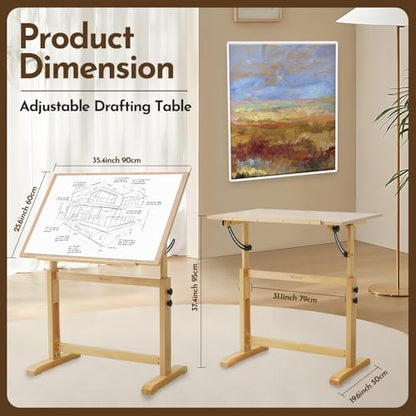 conda Wood Drafting Table - Adjustable Height, 35.5"x23.5" Plan Table for Construction with Tiltable Surface, Rustic Architect Table & Blue Print Tables for Drawing, Writing, Graphic Design