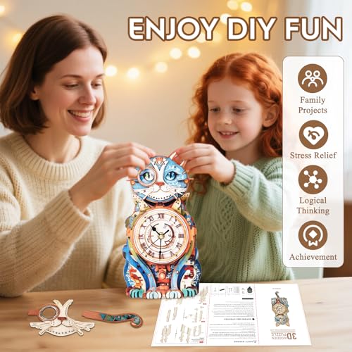3D Puzzles for Adults Wooden DIY Cat Clock Puzzle Adult Crafts - color: Cat Clock