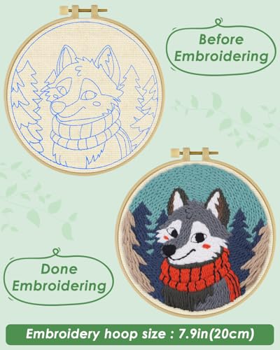 ERKOON Punch Needle Kit for Beginners Adults, DIY Easy Animal Embroidery Set for Starter Art Craft, Needling Punch Project with Patterns, Tools, Yarns, Hoop, Instruction (Wolf) - color: Wolf