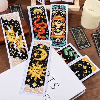 ORIGACH 6 Set Tarot The Sun and Star Cross Stitch Bookmark Kit for Beginner - style: Tarot