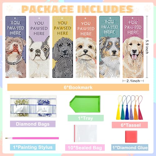 6 PCS Diamond Art Kits Bookmarks Diamond Painting Bookmark, 5D DIY Book Marks Dimond Art Paintings Gem Art, Acrylic Bookmarks with Tassels,Arts and Crafts for Adults Reading Gifts for Book Lovers - style: Dog