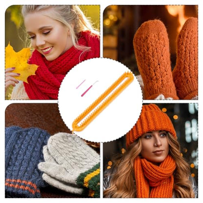 Hobbspring Knitting Loom Set Rectangular Knitting Board Loom 13.9x2in Plastic Darning Needle Crochet Yellow Scarf Looms Long Hats Shawl Making Tool DIY Yarn Weaving Kits for Women Adults Beginners