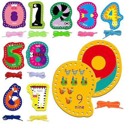 SpriteGru 10 Pieces Number Lacing Cards, 0-9 Double Sided Sewing Cards with 10 Colorful Laces, Imagination Development Lacing Toys Games for Children Educational and Learning Activity - color: Number