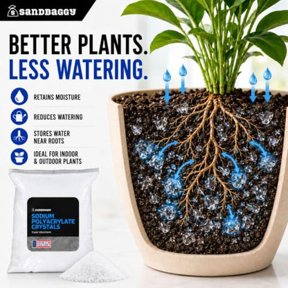 Sandbaggy Sodium Polyacrylate Crystals - Super Absorbent Polymers - Plant Hydration, Fake Snow, Ice Packs, Spill Cleanup, Skincare - Non Toxic, Made in The USA [CAS 9003-04-7] (180 lb - 2880 oz) - size: 180 lb (2880 oz)