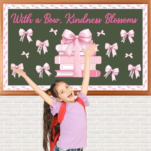 Pink Bow Bulletin Board Set Motivational Kindness Classroom Bulletin Board Decorations Bow Reading Book Cutouts Border Classroom Decorations for Back to School Office Home Chalkboard Decor Wall Door - style: Bow