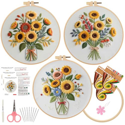 Herdiese Embroidery Kits for Beginners & Adults, 3 Sets Sunflower Patterns - color: Flower-D (3 Pack)