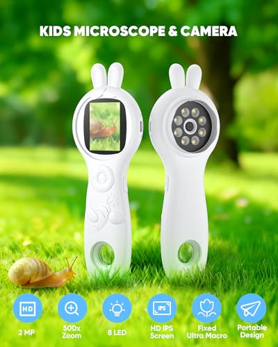 Microscope for Kids, Portable Digital Microscope with 500X Magnifying Glass, Handheld Camera Mini Pocket Magnification, Educational Christmas Birthday Gifts for Ages 4 5 6 7 8 9 10 11 12 - color: Milky white Rabbit